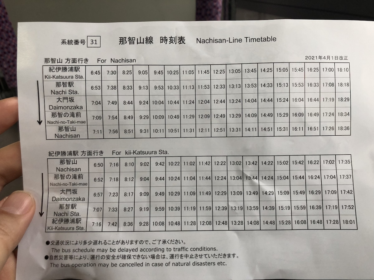 勝浦駅前バス乗り場にあった時刻表の紙
